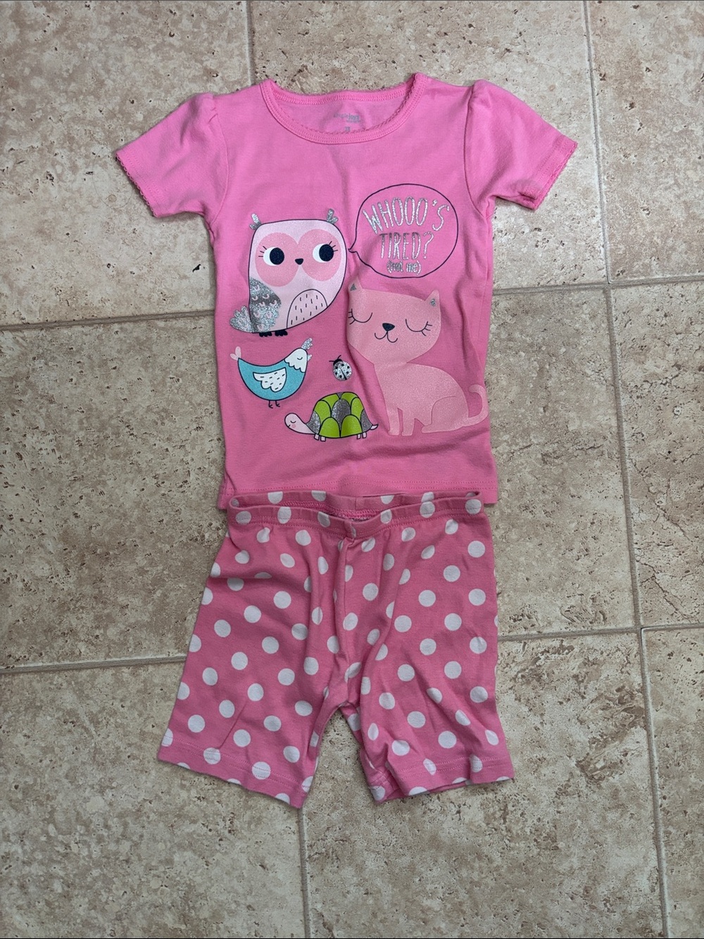 Girls' Pink Owl & Cat Short Pajama Set